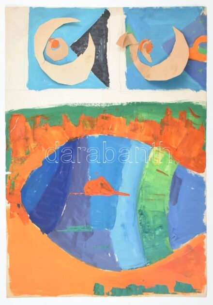 Rác András (1926-2013): Színes kép. Olaj, ceruza, kollázs, papír, jelzés nélkül. Proveniencia: A művész hagyatéka. Sérült. 43x61 cm
