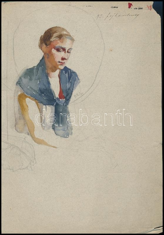 Deák Ébner Lajos (1850-1934): Női fejtanulmány. Akvarell, ceruza, papír. Jelzett. Proveniencia: Kézdi-Kovács László (1864-1942) festőművész és műkritikus gyűjteményéből. Lap széle sérült. 30x20,5 cm