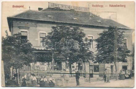 1922 Budapest XII. Svábhegy, Löwenstein A. sütőháza, Hegedűs Dezső cukrászda és buffet (büfé), terasz. Leporellolap belül fogaskerekű vasútállomás, vonat, Goldzieher villa, Nagy szálloda, Városkúti állomás, Hajós villa (r)