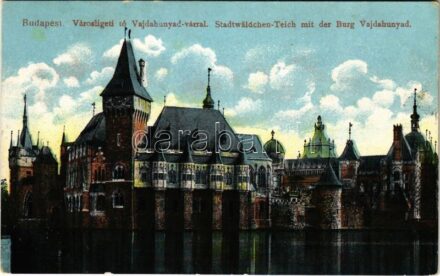 1915 Budapest XIV. Városligeti tó, Vajdahunyad vár + 'A magyar szent korona országainak vöröskereszt egylete lábadozó sebesülteket elhelyező bizottságának fővárosi gyermekkert otthona' bélyegzés