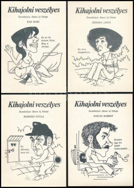 1978 Kihajolni veszélyes c. filmet reklámozó ismertető lapok, 6 db, rajtuk Koltai Róbert, Bodrogi Gyula, Kiss Mari, Bencze Ferenc, Szikora János, Tomanek Nándor karikatúrái, 14x10 cm
