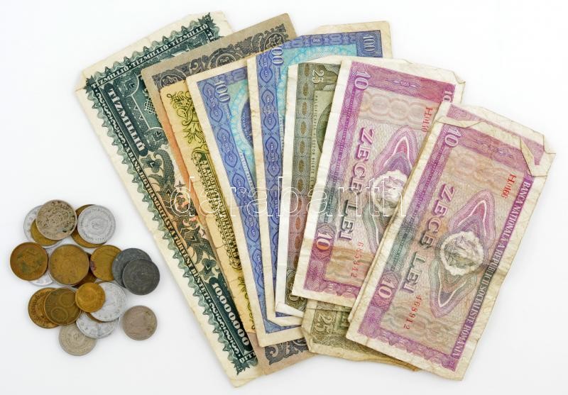 10db-os vegyes magyar-román bankjegy + 23db-os vegyes, nagyrészt jugoszláv, osztrák érmetétel T:3,3-