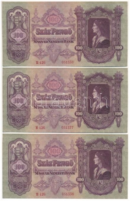 1930. 100P (3x) sorszámkövetők 'E 426 051336 - E 426 051338' T:II Hungary 1930. 100 Pengő (3x) consecutive serials 'E 426 051336 - E 426 051338' C:XF Adamo P17