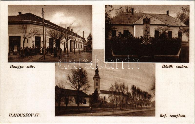 Hajdúszovát, Református templom, Hősök szobra, emlékmű, Hangya Szövetkezet üzlete és saját kiadása