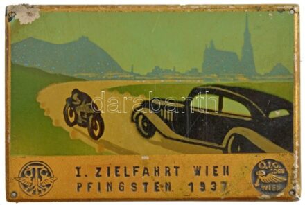 Ausztria / Bécs 1937. 'I. Célállomás Bécs, Pünkösd 1937' zománcfestett fém lemezplakett, hátlapon 'LENKWERK - BRÜDER SCHNEIDER A.G. WIEN AUSTRIA' gyártói jelzéssel (62x92mm) T:2- kopott, sarkokon rögzítésre szolgáló