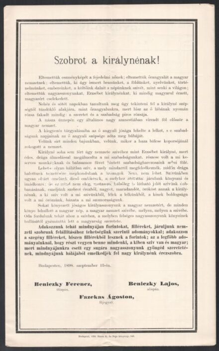 1898 Erzsébet királyné halálának alkalmából Szobrot a királynénak c. felhívás és gyűjtőív, valamint faültetésről szóló levél Darányi Ignác nyomtatott aláírásával