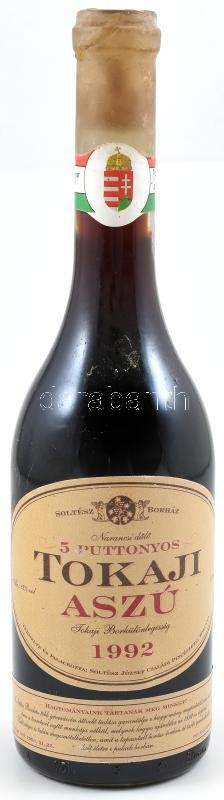 1992 Soltész Borház 5 puttonyos Tokaji aszú, Narancsi dűlő, bontatlan palack édes fehér bor, pincében, szakszerűen tárolt, viasszal lezárt, 12%, 0.5 l.