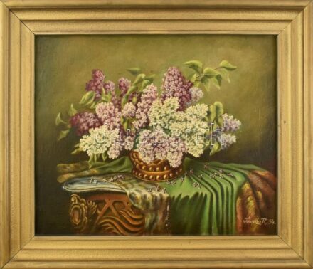 Kiwala R. jelzéssel: Orgonás csendélet. Olaj, vászon. Dekoratív fakeretben. 50×60 cm.