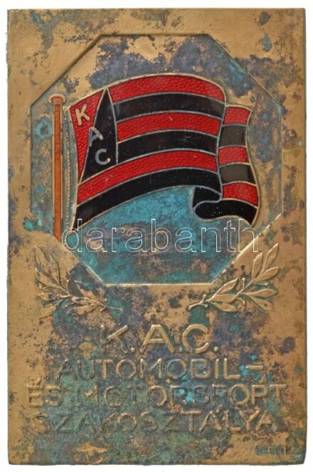 ~1930. 'K.A.C. (Kispesti Athletikai Club) Automobil- és Motorsport Szakosztálya' részben zománcozott Br díjplakett 'BERÁN N / BUDAPEST DÖBRENTEI U. 2' gyártói jelzéssel (75x49mm) T:2 durva patina
