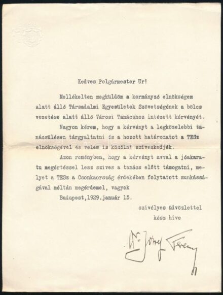 1929 Bp., József Ferenc (1895-1957) főherceg aláírása a polgármesternek címzett levélen