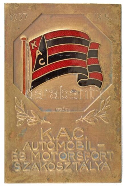 1937. 'K.A.C. (Kispesti Athletikai Club) Automobil- és Motorsport Szakosztálya - 1937.IX.5.' részben zománcozott Br díjplakett 'BERÁN N / BUDAPEST DÖBRENTEI U. 2' gyártói jelzéssel (75x49mm) T:2 kis zománchiba / Hungary 1937. 'K.A.C.