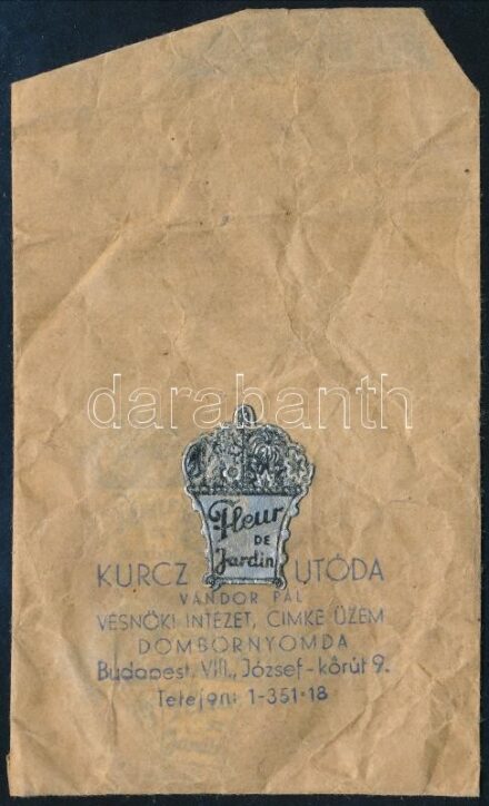 cca 1938 Fleur de Jardin Kurucz utóda Vándor Pál vésnöki intézet, címke üzem, dombornyomda reklámos tasak, benne több címke, 3x2 cm