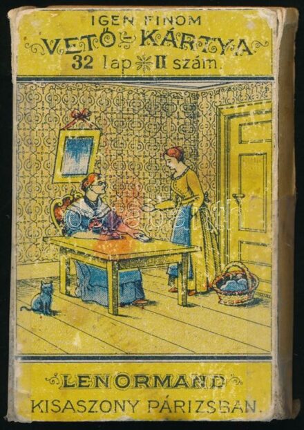 Igen finom vetőkártya (jóskártya), 32 lap, Lenormand kisasszony Párizsban, XX. sz. eleje. Eredeti papírdobozában, korának megfelelő állapotban.
