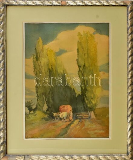 Brossek jelzéssel (Brossek Ottó?), XX. sz. első fele: Ökrösszekér. Akvarell, papír Üvegezett, kissé sérült fakeretben. 40×26,5 cm