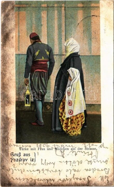 1906 Sarajevo, Türke mit Frau und Mädchen auf der Strasse / Turkish family + 'K.U.K. MILIT. POST. SARAJEVO'
