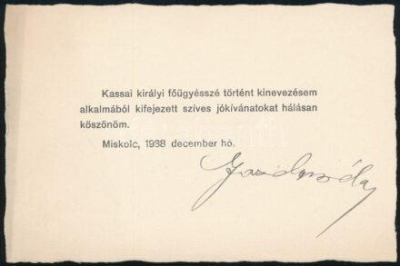 1938 Miskolc, Gazdy Béla köszönőkártyája kassai főügyészi kinevezése alkalmából