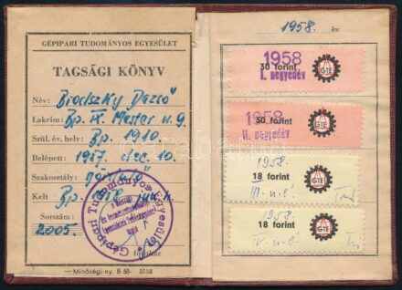 1958 Brodszky Dezső mérnök, professzor egyesületi tagsági könyve tagdíjbélyegekkel