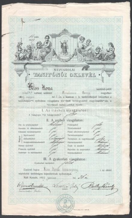 1909 Kassa, népiskolai tanítói oklevél Jancsó Benedek MTA levelező tag, Lesskó István igazgató, Belky Károly kanonok aláírásával
