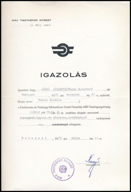 1971-1979 MÁV tisztképző leckekönyv és igazolás