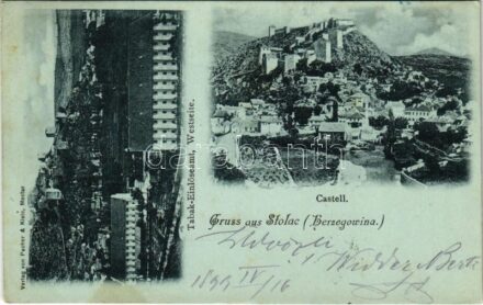 1899 (Vorläufer) Stolac (Herzegowina), Castell, Tabak-Einlöseamt / castle, tobacco factory (EK) + 'K. und k. MILIT. POST'