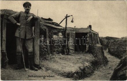 1916 Schützengraben / Futóárok lakhelyekkel és csengővel / WWI German military, running trench with shelter and bell