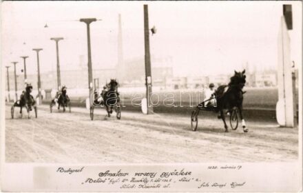 1938 Budapest, Amateur verseny győztese 'Betörő' hajtotta Dr. Vecseklőy 1. idő (Tulajdonos Nógrádi ist.), 'Tóni' 2. / Hungarian horse race. Faragó (Újpest) photo (EK)