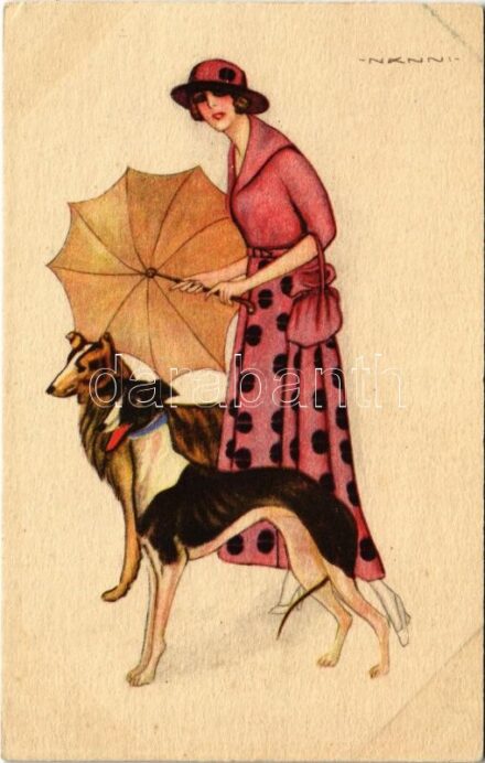 Italian lady art postcard, lady with dogs. Edizioni d'Arte Serie No. 2325. s: Nanni