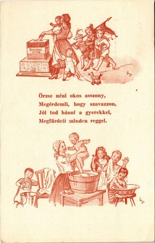 Örzse néni okos asszony... Kiadja az Országos Stefánia Szövetség az anyák és csecsemők védelmére. Magyar Anyák ti tehetitek naggyá Magyarországot! / Hungarian propaganda postcard, Mother and child protective movement (EK)