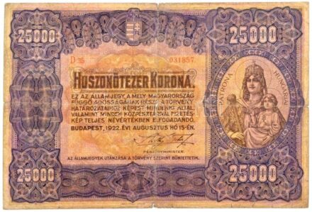 1922. 25.000K 'Orell Füssli Zürich' 'D35 031857' T:III- ly. / Hungary 1922. 25.000 Korona 'Orell Füssli Zürich', 'D35 031857' C:VG hole Adamo K43