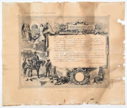 1910 Kaposvár, M. Kir. 19. Honvéd Gyalogezred póttartalékos katonájának végelbocsájtó levele, Morelli Gusztáv grafikájával, sérült, hajtott, 50x60 cm