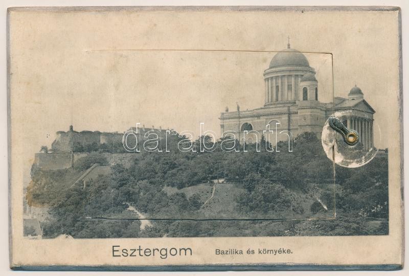 1910 Esztergom, Bazilika és környéke. Keményhátú leporellólap. Fried. Arnold és Fia kiadása + 'ESZTERGOM - ALM.FÜZITŐ 178. SZ.' vasúti mozgóposta bélyegző (fl)