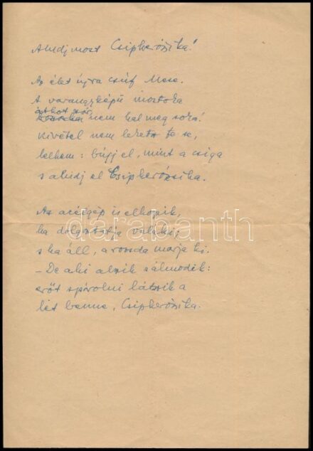 1961 Pannonhalma, Mécs László (1895-1978) premontrei szerzetes, költő 'Aludj most Csipkerózsika' c. (kiadatlan) versének kézirata, rajta autográf aláírásával