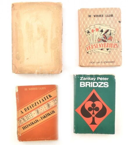 4 db bridzs témájú könyv: Dr. Zánkay Péter: Bridge kézikönyv, Zánkay Péter: Bridzs Dr. Widder Lajos: Versenybridzs, Dr. Widder Lajos: A bridzsjáték technikája és taktikája, papírkötésben, vegyes állapotban