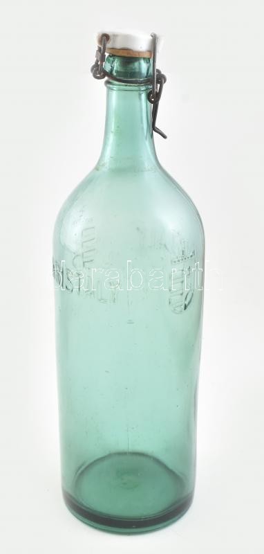 Kristály feliratú üveg, csatos palack magyar címerrel, 1920 körül, Jelzett: Kőbányi Palack gyár, korának megfelelő állapotban m:34cm