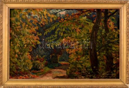 Dinnyés Ferenc (1886-1958): Napfényes erdőrészlet. Olaj, vászon, kartonon. Jelezve jobbra lent. Dekoratív, sérült fakeretben. 33x49 cm