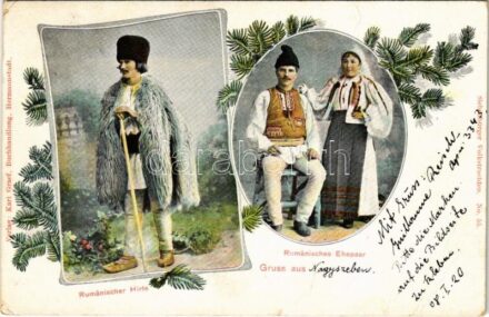 1908 Rumänischer Hirte, Rumänisches Ehepaar. Siebenbürger Volkstrachten No. 55. Verlag Karl Graef / Román juhász és házaspár, erdélyi folklór / Transylvanian folklore, Romanian shepherd and married couple. Art Nouveau (EB)