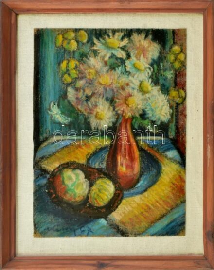 Katona Kiss Ferenc (1909-1995): Csendélet, 1967. Olajpasztell, vászon. Jelzett. Üvegezett fa keretben. 38x28 cm