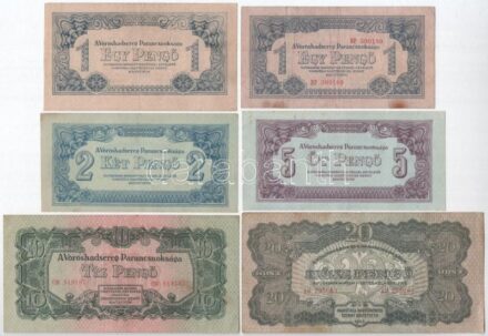 1944. 1P-1000P (9xklf) 'A Vöröshadsereg Parancsnoksága' sor, közte 1P 'BP 300189' sorszámmal és 1P sorszám nélkül, valamint 1000P 'TP 649699' sorszámmal T:III közte szép papír, folt, kis szakadás