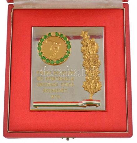 1970. 'Falusi Dolgozók XIX. Spartakiádja Országos Döntő Kecskemét 1970' egyoldalas gravírozott, részben zománcozott sport emlékplakett, eredeti tokban (105x90mm) T:1-
