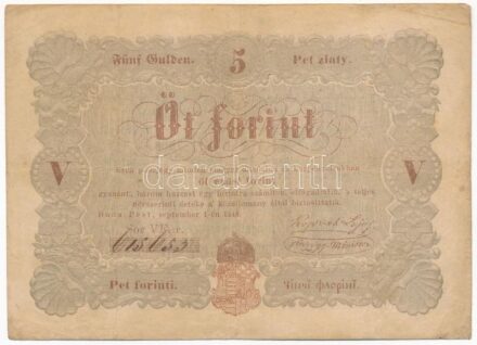 1848. 5Ft 'Kossuth bankó' barna 'VF.r 615653' T:III folt Adamo G109A