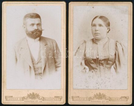 1895 Férfi és női portré, keményhátú fotó Csonka budapesti műterméből, 2 db, 10,5×6,5 cm
