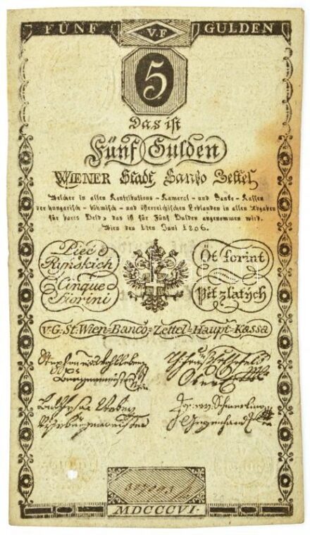 1806. 5G 'Bécsi városi bankócédula' vízjeles papíron, '327093' T:III kis szakadás, folt, lyuk Habsburg Monarchy 1806. 5 Gulden 'Wiener-Stadt Banco-Zettel' on watermarked paper, '327093' C:F small tear, spotted, hole Adamo G39