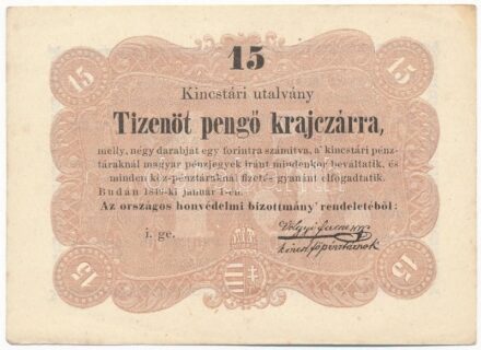 1849. 15kr 'Kossuth bankó' 'i.ge.' halvány nyomat T:II kis folt Adamo G102
