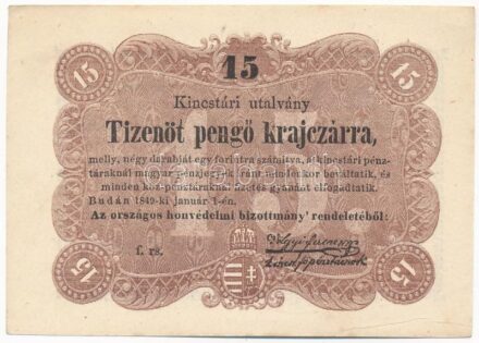 1849. 15kr 'Kossuth bankó' 'f.rs' T:II kis folt Adamo G102
