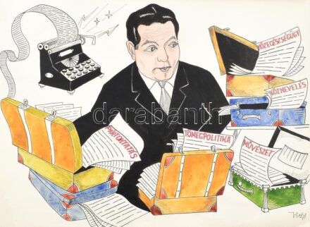 1971 Viszt György (1957-2018) 'Pártoktatás, Tömegpolitika, Művészet, Köznevelés, Közegészségügy', karikatúra, akvarell-tus-ceruza, jelzett, papír, sérült, gyűrődésnyommal, 30x43 cm