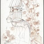 Macskássy Izolda (1945-2021): Leány kútnál. Barna és fekete toll, jelzett. 29,5x21 cm