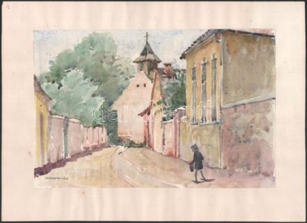 Jakuba János (1909-1974): Szentendrei utca, 1964. Akvarell, papír, jelzett, papírra kasírozva, hátoldalán feliratozott, 20×31 cm
