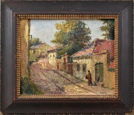 Guzsik Ödön (1902-1954): Séta a napfényben. Olaj, karton, jelzett. Dekoratív, sérült fakeretben, 22×27 cm