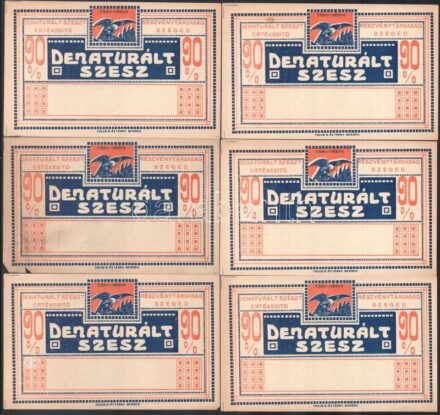 'Denaturált Szesz' italcímkék, 12 db. Szeged, Traub B. és Tása-ny., a hátoldalakon héber nyelvű bejegyzésekkel.