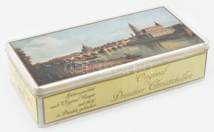 Dresdner Christstollen német süteményes pléh doboz, fedelén a régi Drezda látképével, kopásnyomokkal, 32x15,5x7,5 cm